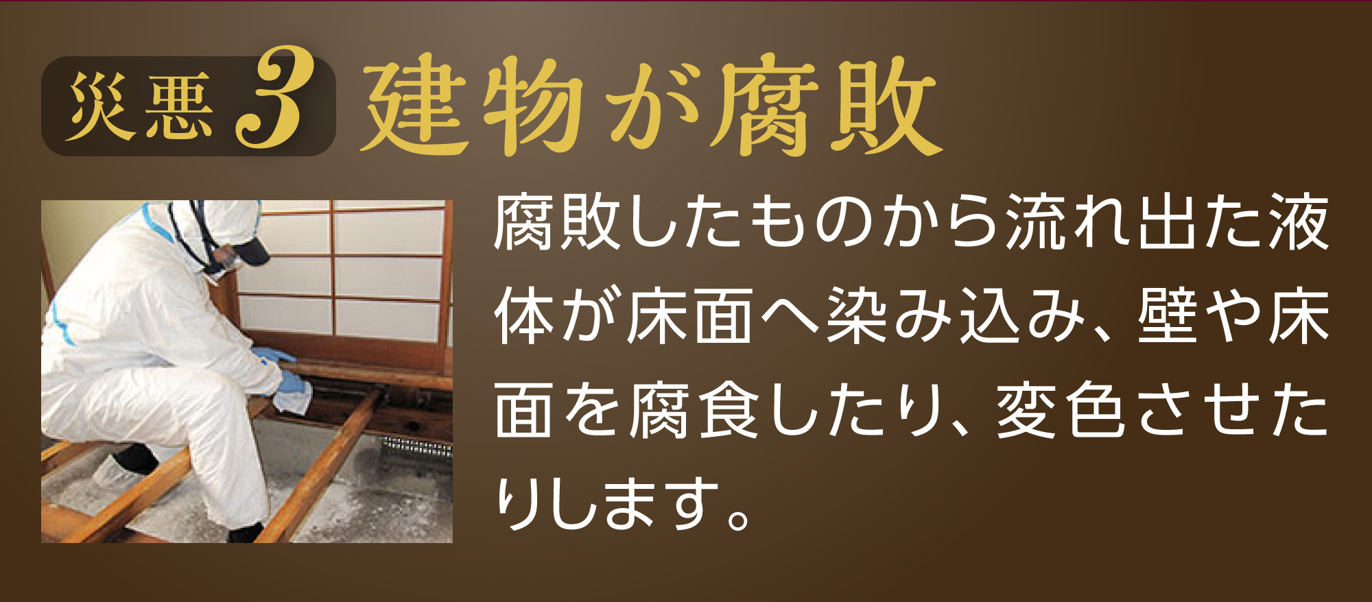 建物が腐敗。腐敗したものから流れ出た液体が床面へ染み込み、壁や床面を腐食したり、変色させたりします。