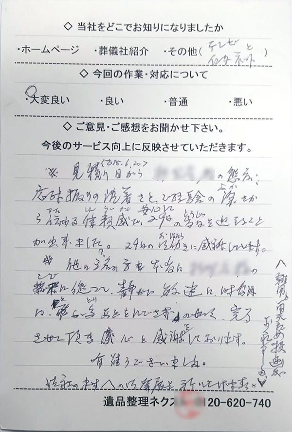 見積り日から◯◯◯の態度、応対振りの沈着さとご理解の深さから伝わる信頼感で、安心して29日の当日を迎えることが出来ました。29日のお働きに感謝いたします。他の3名の方々も本当に◯◯◯の静かで敏速に、完了させていただき心より感謝しております。ありがとうございました。