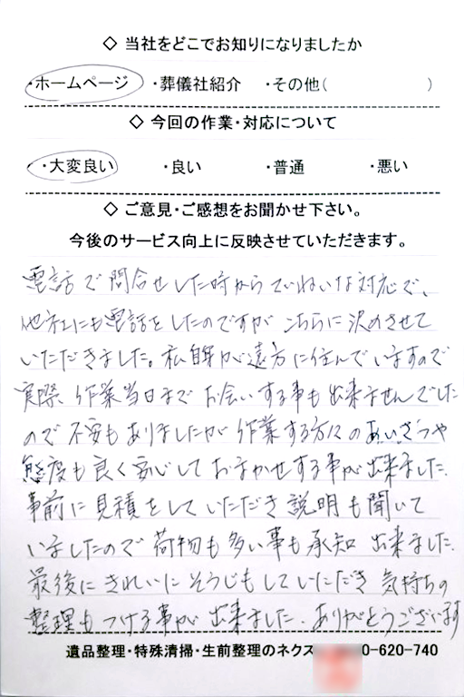 電話で問い合わせした時からていねいな対応で、他社にも電話をしたのですが、こちらに決めさせていただきました。私自身が遠方に住んでいますので、実際、作業当日までお会いする事もできませんでしたので不安もありましたが、作業する方々のあいさつや態度も良く、安心してお任せする事が出来ました。事前に見積りをしていただき、説明も聞いていましたので、荷物も多い事も承知出来ました。最後にきれいに掃除もしていただき、気持ちの整理もつける事が出来ました。ありがとうございます。